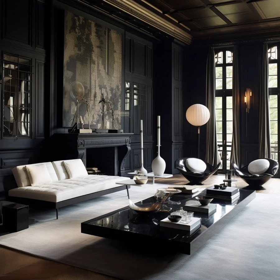 a dark luxury living room described by the structured prompt